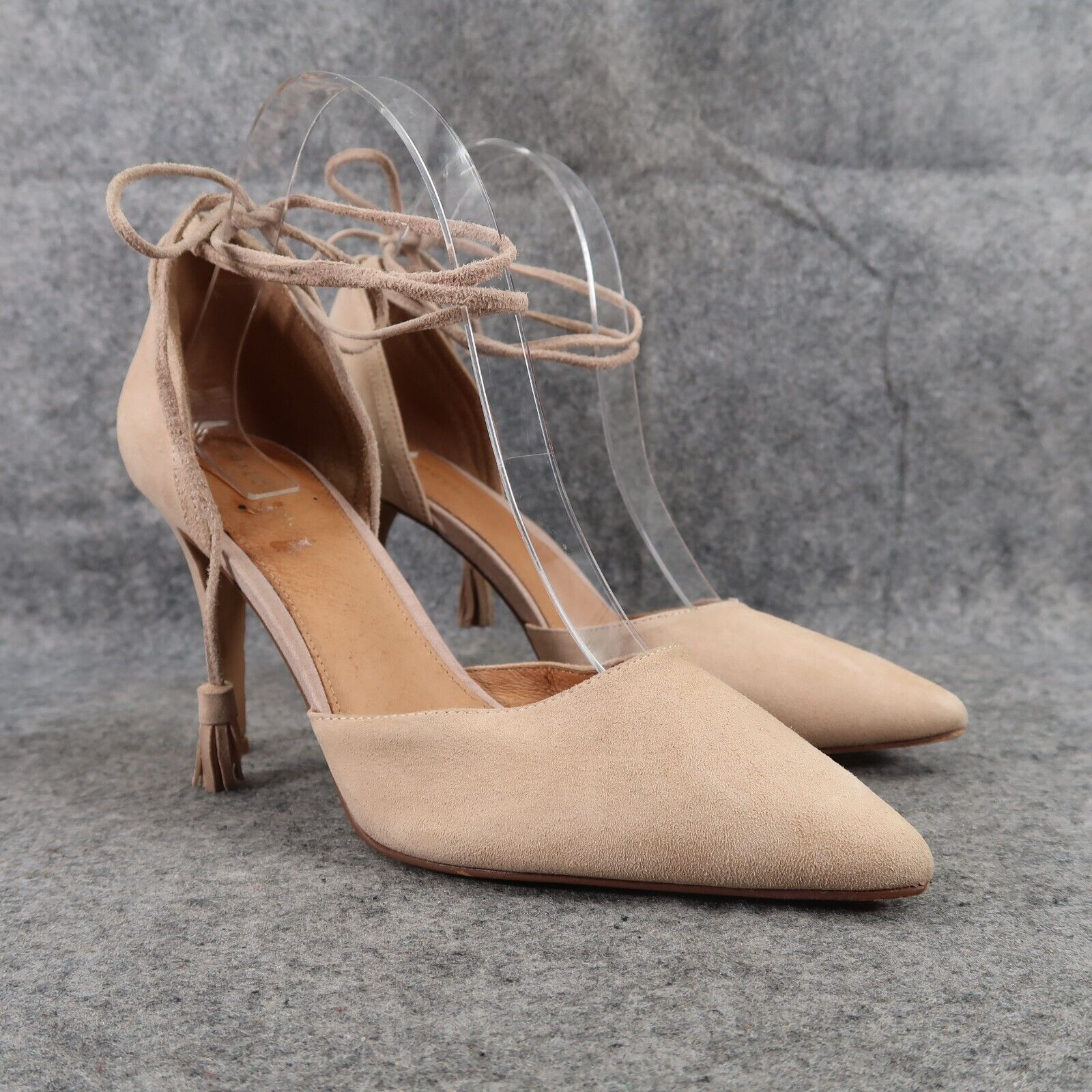 Halogen Shoes Womens 8.5 Pump Fashion Ankle Wrap Tie Point Toe Suede D'orsay Tan